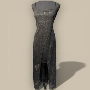 Vtg 90s Y2K Black Mesh Dress Fairy Grunge Glitter Party Whimsigoth Large Maxi
